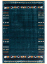 Modern Tribal Gabbeh Bordered Solid Blue Area Rug & Runner – B744A Blue