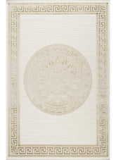 Modern Greek Key Bordered Round Medallion Cream Area Rug & Runner – 64005 Cream