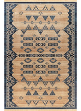 Traditional Tribal Southwestern Geometric Beige & Navy Area Rug & Runner – E927A Beige/Navy