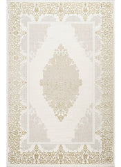 Traditional Damask Medallion Scroll Bordered Cream Area Rug & Runner – 64004 Cream