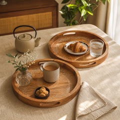 Tray | Round Mango Wood Serving Tray | Set of 2 – Elegant Wooden Dinnerware for Home & Kitchen