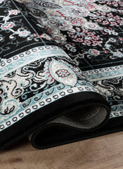 Traditional Persian Kerman Floral Medallion Black Area Rug, Runner & Round Rug – 478 Black