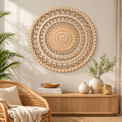 Wall Decor | Wooden Floral Hand Carved Mandala 48" Round Wall Art | Handmade Solid Wood Wall Hanging | Living Room, Bedroom & Entryway