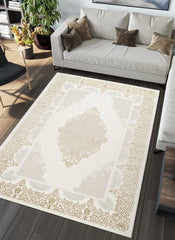 Traditional Damask Medallion Scroll Bordered Cream Area Rug & Runner – 64004 Cream
