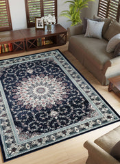 Traditional Persian Kerman Floral Medallion Navy Area Rug, Runner & Round Rug – 478 Navy