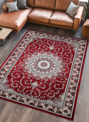 Traditional Persian Kerman Floral Medallion Red Area Rug, Runner & Round Rug – 478 Red