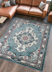Traditional Persian Paisley Floral Medallion Blue Area Rug, Runner & Round Rug – 470 Blue