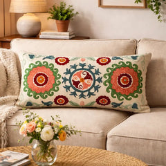 Suzani Embroidered Multicolor Lumbar Throw Pillow - 26"x 14"