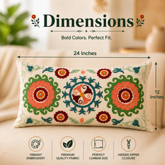 Suzani Embroidered Multicolor Lumbar Throw Pillow - 26"x 14"