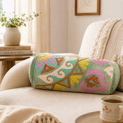 Decorative Suzani Embroidered Bolster Pillow - 21" X 8"