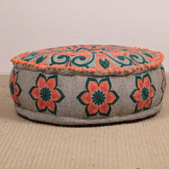 Mandala Pouf with Pompoms | 24x24x8" | Grey | Cotton Fabric