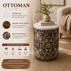 Marble Top Drum Ottoman | 11.5 x 11.5 x 20" | Accent Stool