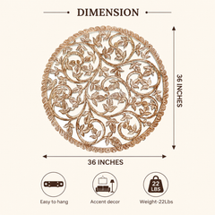 Wall Art | Round Wood Handcarved Wall Panel with Mirror, 36"
