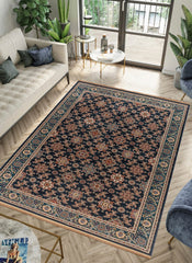 Traditional Persian All-Over Rosette Floral Bordered Navy Area Rug & Runner – D529B Navy