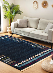 Modern Tribal Gabbeh Bordered Solid Navy Area Rug & Runner – B744A Navy