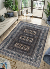 Traditional Tribal Turkmen Geometric Panel Grey Area Rug & Runner – E851B Grey