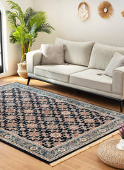 Traditional Persian All-Over Rosette Floral Bordered Navy Area Rug & Runner – D529B Navy