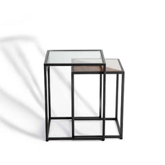 Glass & Wood Nesting Tables Set of 2 | Black Metal Legs Side Table Set