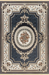 Traditional French Aubusson Floral Medallion Navy Area Rug & Runner – B966B Navy