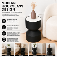 Round Side Table with White Marble Top | Black Metal Round Side Table | White Marble Top | Black Metal Frame | Modern Living Room Accent