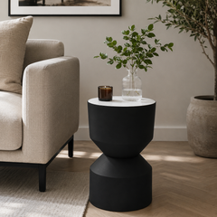 Round Side Table with White Marble Top | Black Metal Round Side Table | White Marble Top | Black Metal Frame | Modern Living Room Accent