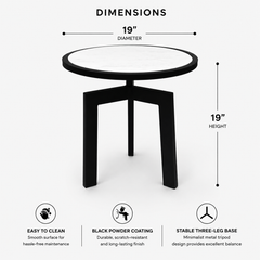 Marble Side Table | Round End Table | Black Metal Frame | Modern Living Room Accent