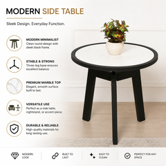 Marble Side Table | Round End Table | Black Metal Frame | Modern Living Room Accent