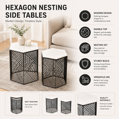 Hexagon Marble Nested Side Tables | 2-Piece Set | Stylish Living Room Accent