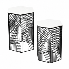 Hexagon Marble Nested Side Tables | 2-Piece Set | Stylish Living Room Accent