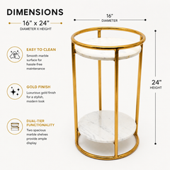 White Marble End Table | 2-Tier Gold Frame | 16x16x24" | Modern Living Room Decor