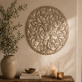 Wall Art | Round Wood Handcarved Wall Panel with Mirror, 36"