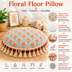Printed Round Floor Pillow with Tassels, 20x20x3.5"