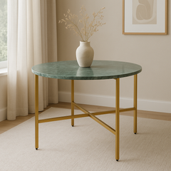 Green Marble Coffee Table 17" Height | Gold Metal Frame Center Table 31x31"