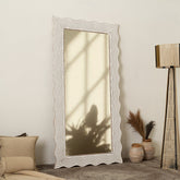Wooden Floor Mirror | Rustic White Solid Wood Hand Carved Frame | Handmade Decorative Mirror Accent | Living Room, Bedroom & Entryway
