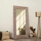 Wooden Floor Mirror | Rustic White Solid Wood Hand Carved Frame | Vintage Farmhouse Home Decor | Living Room, Bedroom & Entryway