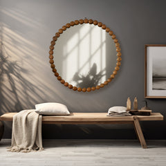 Decorative Wall Mirror | Wood Bead Design Frame | 32" Round Mirror | Living Room, Bedroom & Entryway Wall Accent