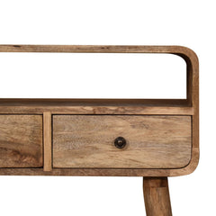 Solid Wood Mini Curved Oak-ish Console Table, 2-Drawers, 1 Open Slot