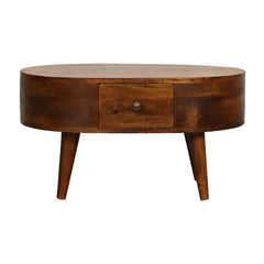 Solid Wood Mini Chestnut Rounded Coffee Table, 2-Drawers, Brown