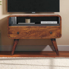 Solid Wood Mini Curved Media Unit, Chestnut, 1-Drawer, 1 Open Slot, Dark Brown