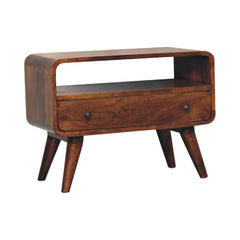 Solid Wood Mini Curved Media Unit, Chestnut, 1-Drawer, 1 Open Slot, Dark Brown