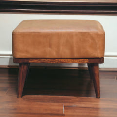 Tan Buffalo Leather Footstool, Upholstered, Nordic Legs, Tan and Dark Brown