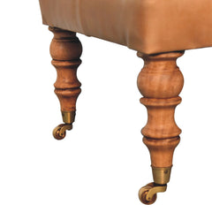 Solid Wood Buffalo Leather Ottoman with Castor Legs, Tan and Brown