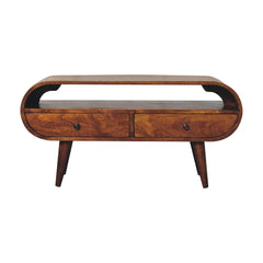 Chestnut Circular TV Stand, 2-Drawers, Open Slot, Nordic Legs, Brown