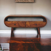 Chestnut Circular TV Stand, 2-Drawers, Open Slot, Nordic Legs, Brown