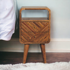 Solid Wood Mini Lille Curved Nightstand, 2-Drawers, 1 Open Slot, Nordic Legs, Light Brown