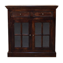 Solid Wood Light Walnut Cabinet with Glazed Doors, 2-Drawers, 2-Shelves, Dark Brown