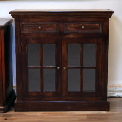 Solid Wood Light Walnut Cabinet with Glazed Doors, 2-Drawers, 2-Shelves, Dark Brown