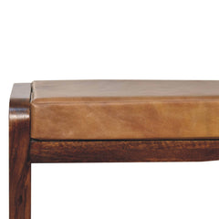 Solid Wood Small Buffalo Slatted Bench, Leather Upholstered, Open Storage, Tan and Brown