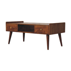 Elevated Chestnut Media Unit, 2-Drawers, 1 Open-Slot, Nordic Legs, Dark Brown