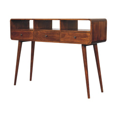 Solid Wood Triple Curved Chestnut Console Table, 3-Drawers, 3 Open Slots, Nordic Legs, Brown
